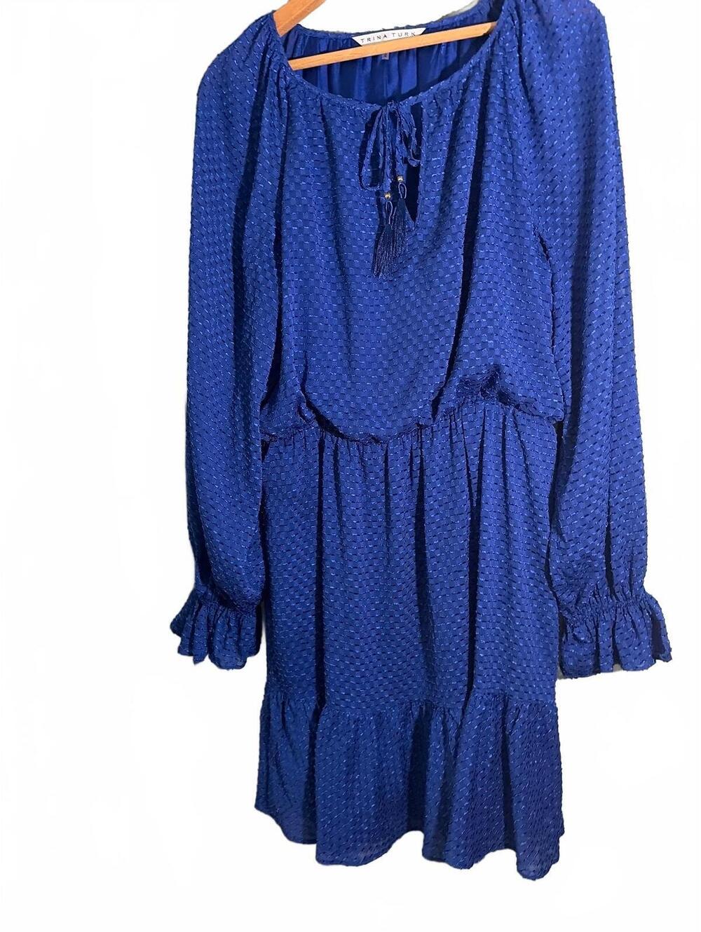 Trina Turk Blue Textured Long Sleeve Dress with Tassel Tie Medium
